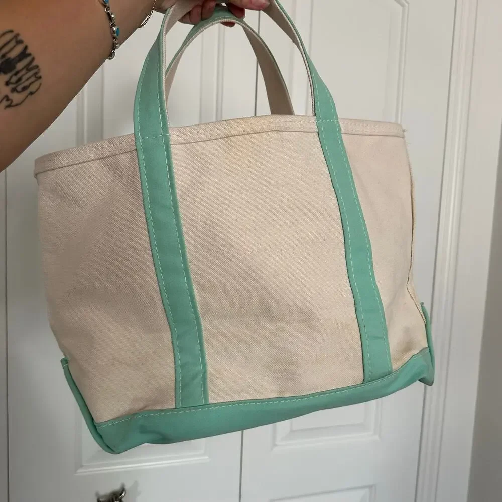 Vintage LL Bean canvas tote teal embroidered chaotic